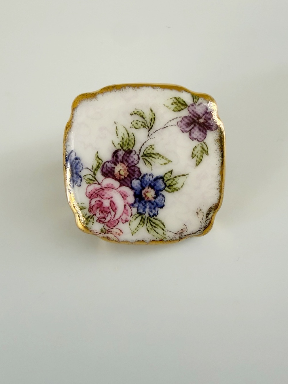 Vintage Royal Albert China Porcelain Floral Square Brooch Pin